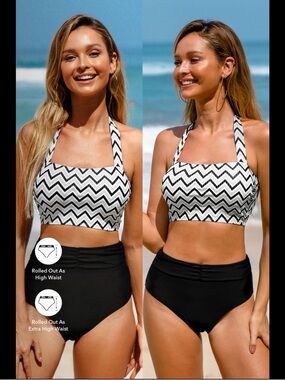 Cupshe Black & White Chevron Halter Bikini Set tummy control